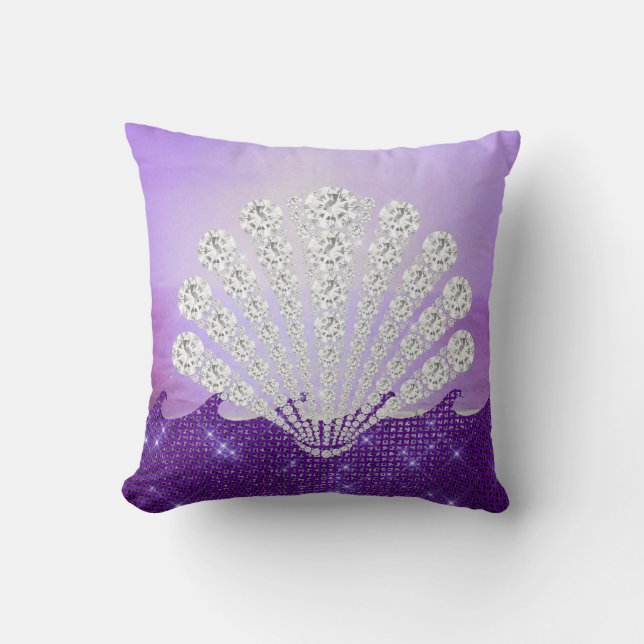Purple Sparkling Waves Silver Diamond Seashell Throw Pillow (Front)