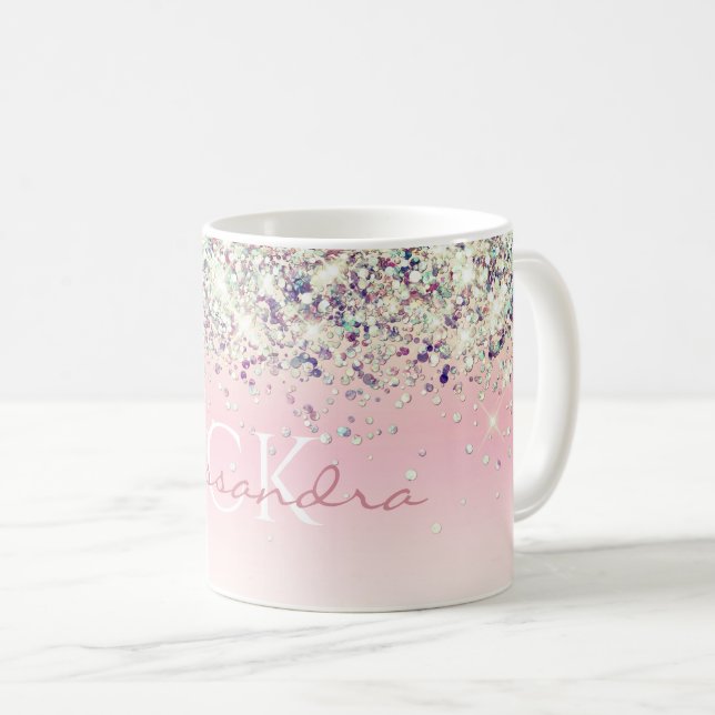 Purple Sparkly Glitter Monogrammed Girly Pink Coff Coffee Mug (Front Right)