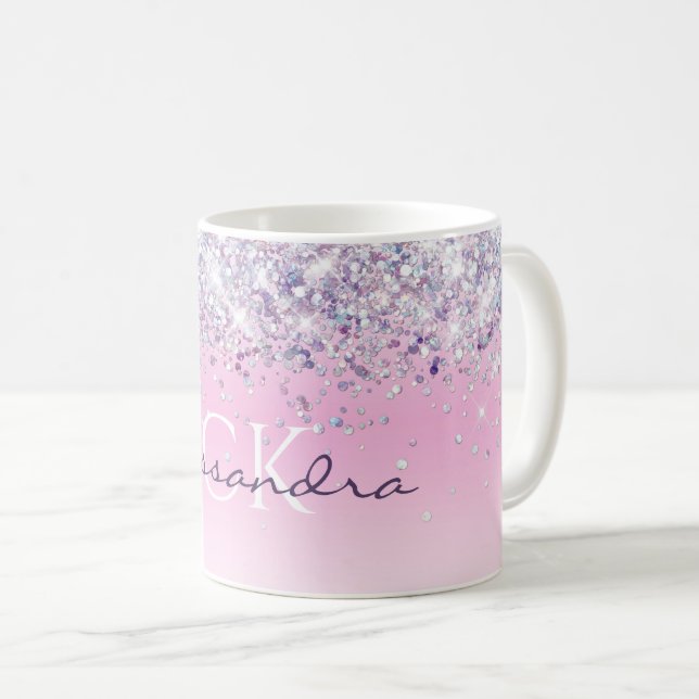 Purple Sparkly Glitter Monogrammed Girly Pink Coffee Mug (Front Right)