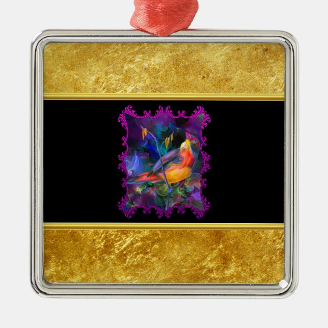 Purple sparrow with a gold foil and black texture metal ornament (Front)