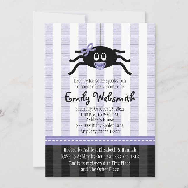 Purple Spider Halloween Baby Shower Invitations (Devant)