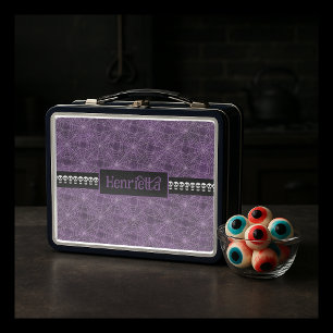 Purple Spiderweb Halloween Skull Pattern with Name Metal Lunch Box