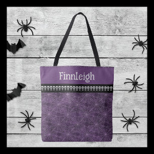 Purple Spiderweb with Skulls and Personalized Name Tote Bag