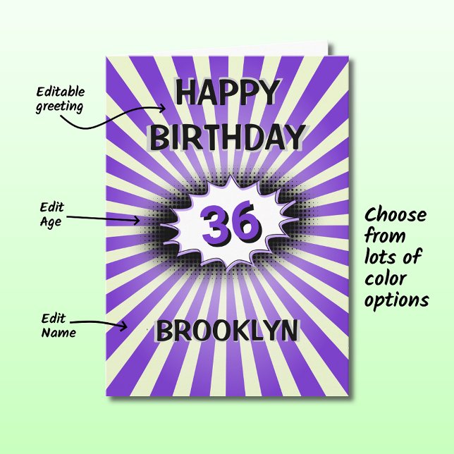 Purple splash custom name and age retro birthday card (Creator Uploaded)
