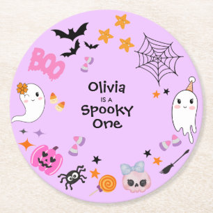Purple Spooky One Cute Halloween 1st Birthday Round Paper Coaster