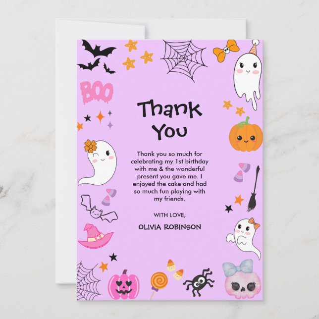 Purple Spooky One Cute Halloween 1st Birthday Thank You Card (Front)