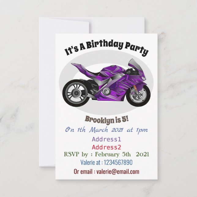 Purple sports motorcycle cartoon invitation (Front)