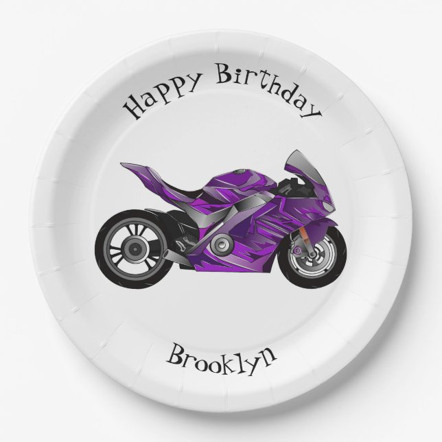 Purple sports motorcycle cartoon  paper plate (Front)