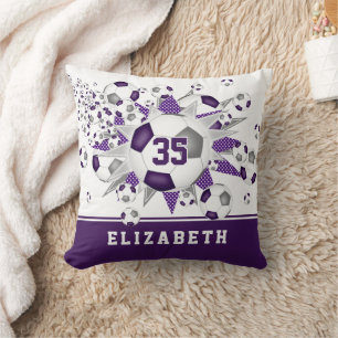 purple sports room girls soccer balls stars throw pillow