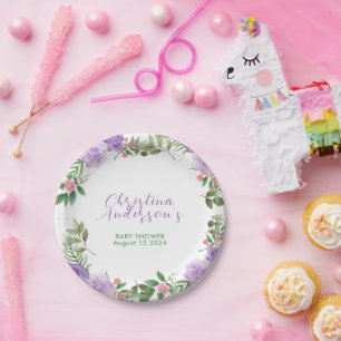 Purple Spring Floral Girl Baby Shower Paper Plate