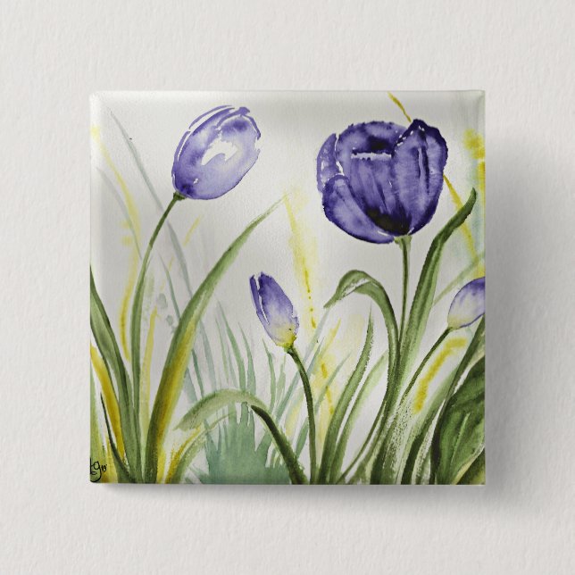 Purple Spring Tulips 2 Inch Square Button (Front)