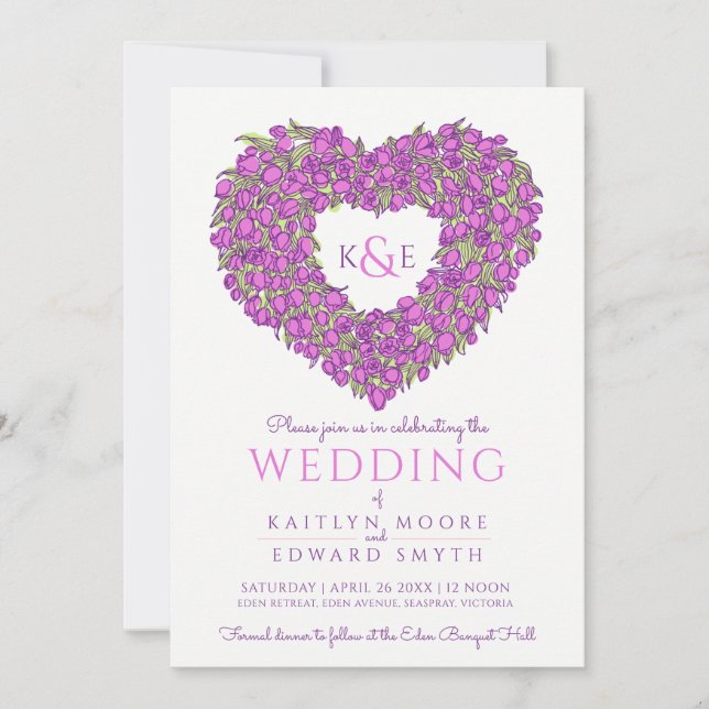 Purple spring tulips flower heart art wedding invitation (Front)