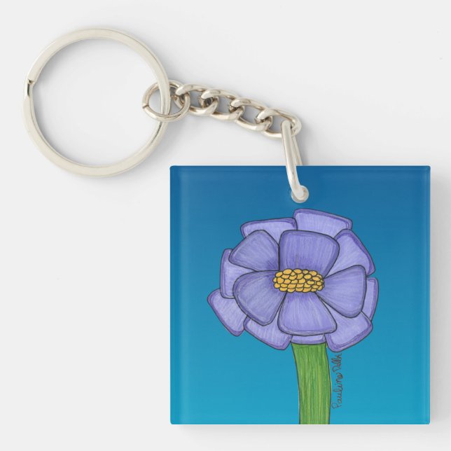 Purple Square Flower with Blue background Keychain (Front)