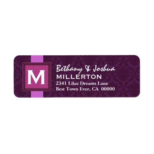 Purple Square Monogram Frame and Ribbon V3 Return Address Label