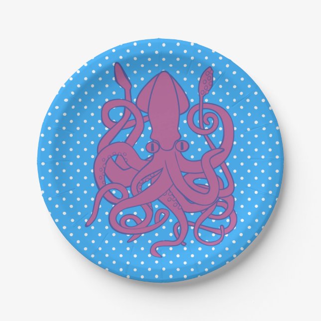 Purple Squid & Polka Dots Paper Plate (Front)