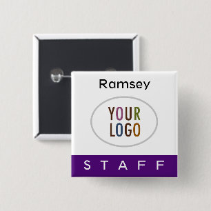 Purple Staff Pinback Name Badge Square Logo Button