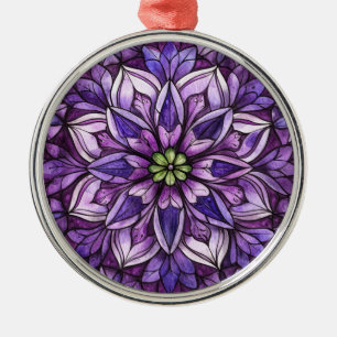 PURPLE STAINED GLASS LOOK CHRISTMAS SCENE METAL ORNAMENT