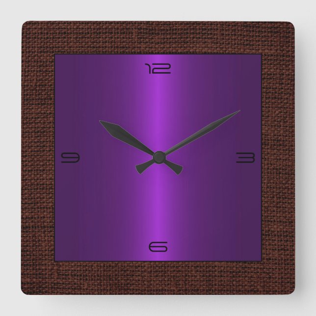 Purple Stainless Steel Modern Burlap Border Square Wall Clock (Front)