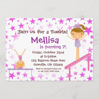 Purple Star Gymnast Birthday Party Invitation