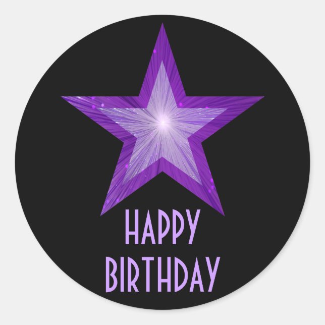 Purple Star 'Happy Birthday' round sticker black (Front)