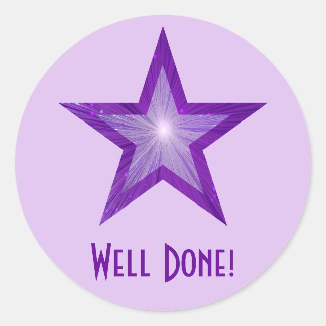 Purple Star 'Well Done!' round sticker pale purple (Front)