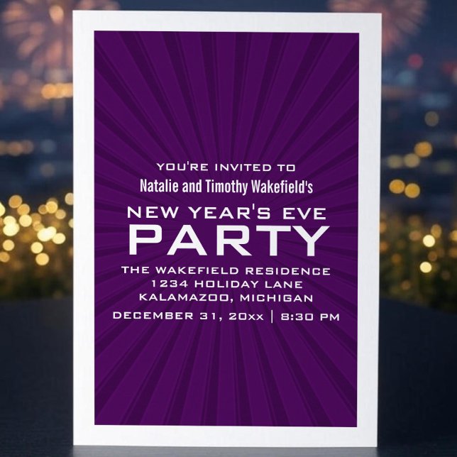 Purple Starburst rayures Invitation de fête du Nou (Purple Starburst Stripes New Years Party Invite)