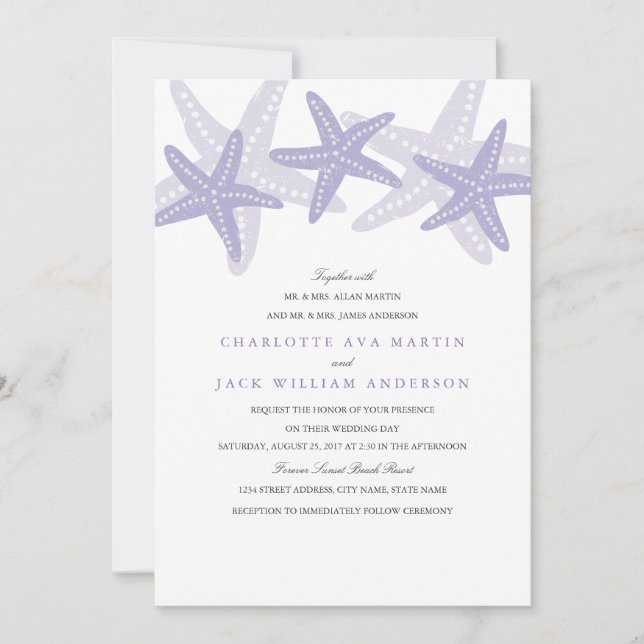 Purple Starfish Beach Mariage Invitation (Devant)