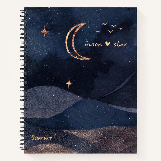 Purple starry night galaxy moon personalized notebook (Front)