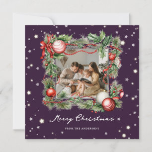 Purple Starry Wreath Photo Merry Christmas Card