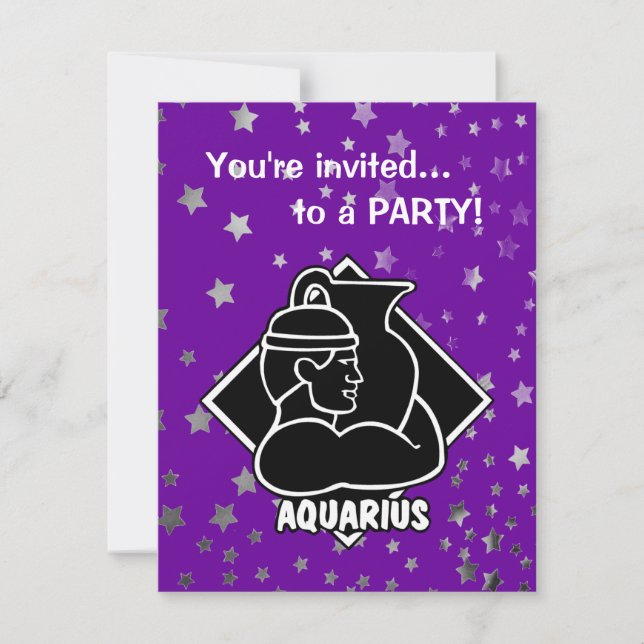 Purple Stars | Aquarius Birthday Zodiac Sign Invitation (Front)