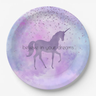 Purple Stars Confetti Watercolor Unicorn Paper Plate