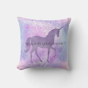 Purple Stars Confetti Watercolor Unicorn Throw Pillow