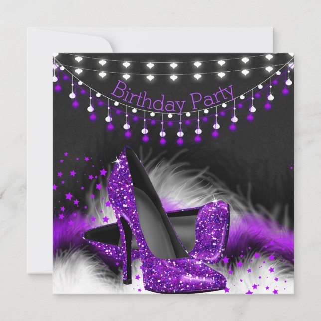 Purple Stars High Heels Birthday Chalkboard Lights Invitation (Front)