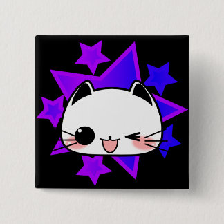 Purple stars. White cat. 2 Inch Square Button