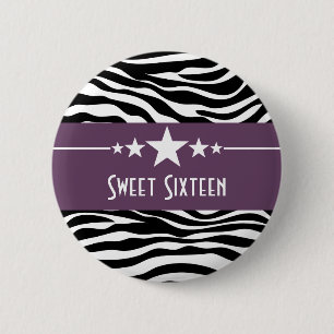 Purple Stars Zebra Print Sweet 16 Button