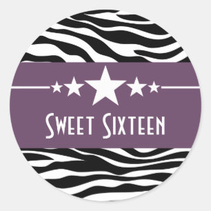 Purple Stars Zebra Print Sweet 16 Stickers