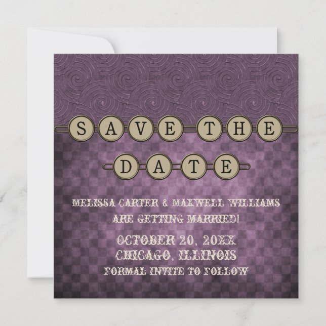 Purple Steampunk Keys Save the Date Invite (Front)