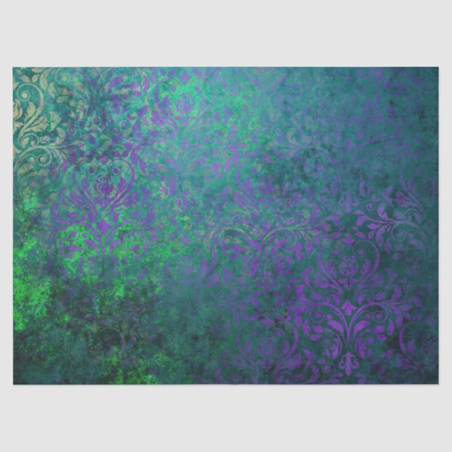 Purple Stencil Flowers on Green Decoupage Tissue Paper (Front)