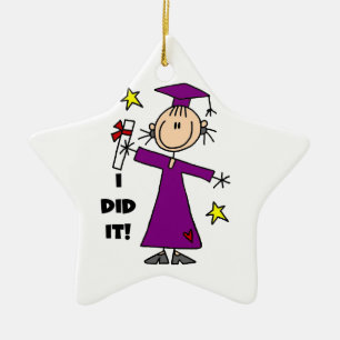 Purple Stick Figure Girl Graduate Ceramic Ornament