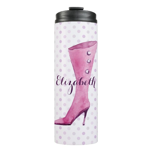Purple stiletto heel boot personalized thermal tumbler (Front)