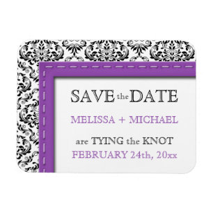 Purple Stitched Damask flat Save the Date Magnet