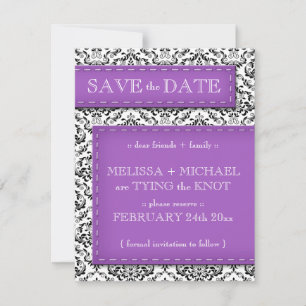 Purple Stitched Damask Save the Date Announcements