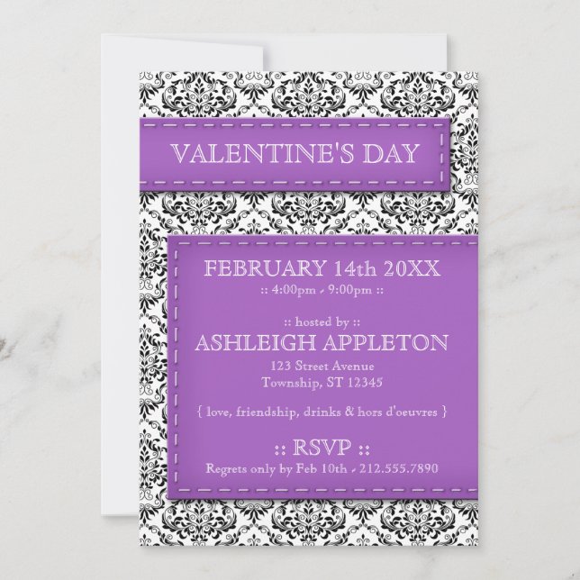 Purple Stitched Damask Valentine's Day Invitations (Front)