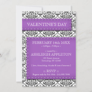Purple Stitched Damask Valentine's Day Invitations