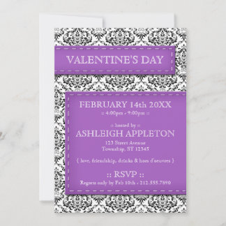 Purple Stitched Damask Valentine's Day Invitations