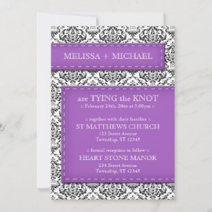 Purple Stitched Damask Wedding Invitations