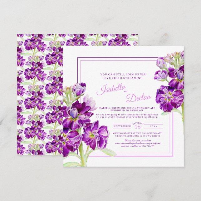 Purple stock flower watercolor live stream wedding invitation (Front/Back)