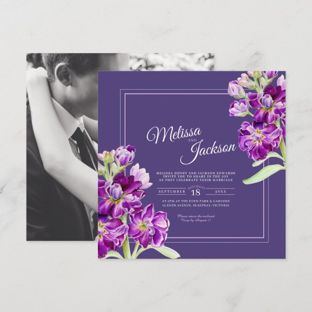 Purple stock flowers watercolor and photo wedding invitation (Front/Back)