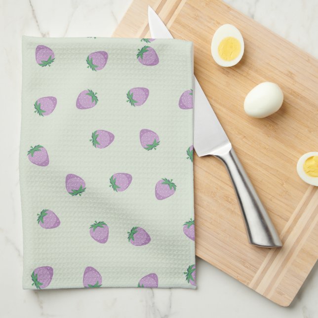 Purple Strawberry Pattern on Green Background Kitchen Towel (Quarter Fold)