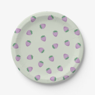 Purple Strawberry Pattern on Green Background Paper Plate